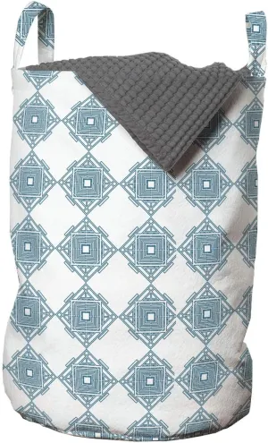 Ambesonne Geometric Laundry Bag, Ornamental Interlacing Squares Art Deco Inspired Pattern Relaxing Design, Hamper Basket with Handles Drawstring Closure for Laundromats, 13" x 19", Pale Blue and White