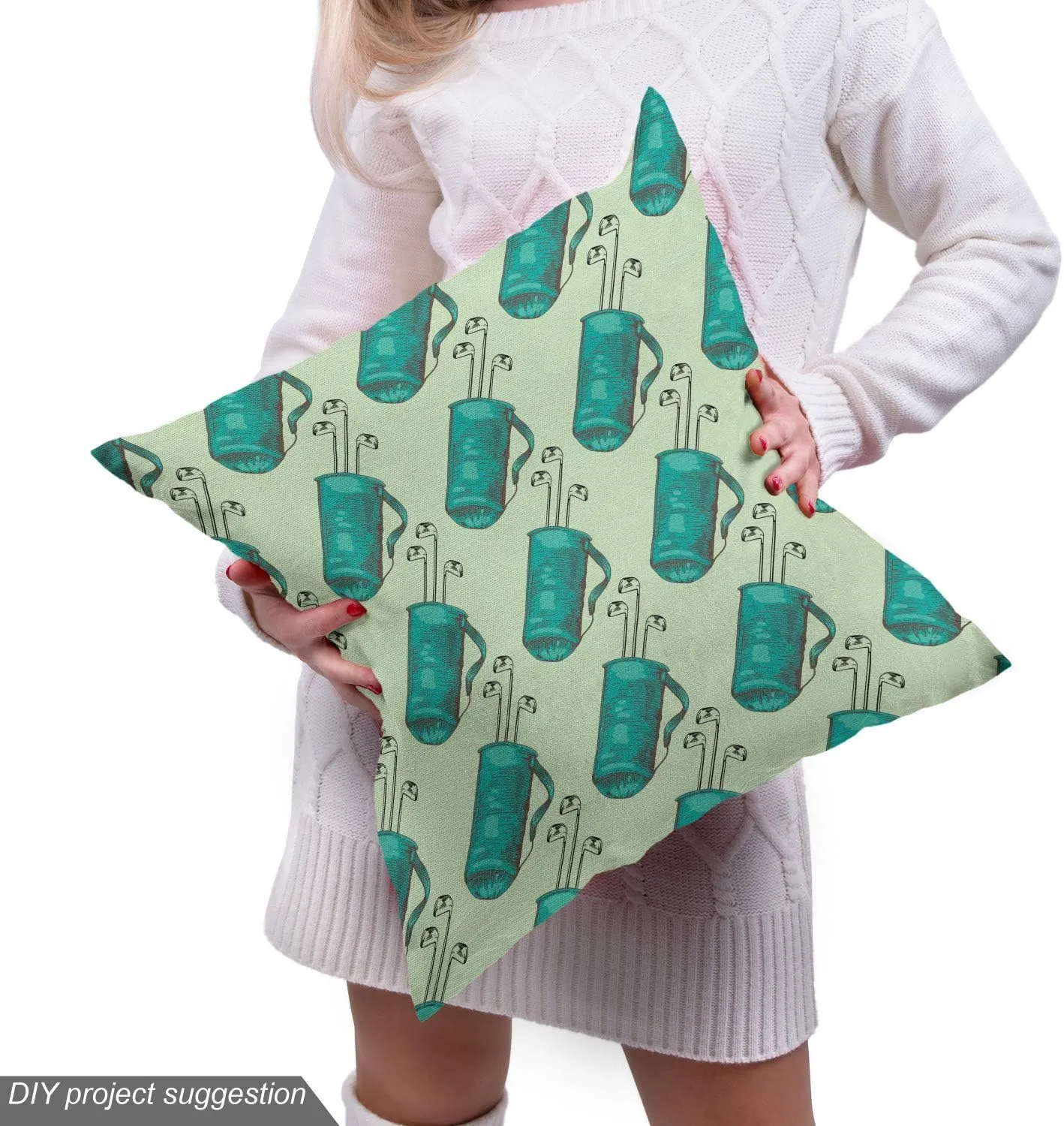 Ambesonne Golf Fabric by The Yard, Clubs in a Bag with Shoulder Straps Modern Sports Hobby Illustration, Decorative Fabric for Upholstery and Home Accents, 3 Yards, Turquoise and Pale Green