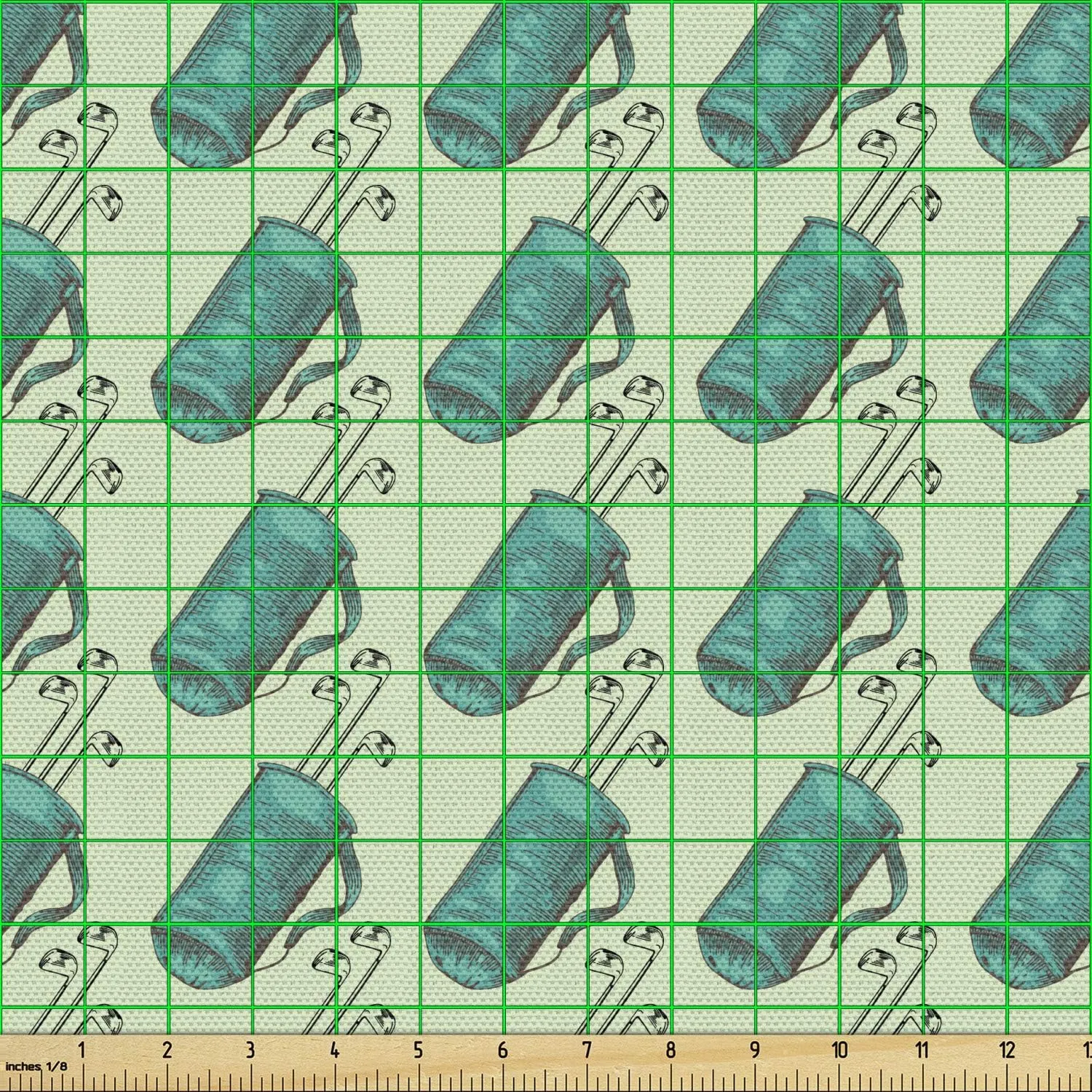 Ambesonne Golf Fabric by The Yard, Clubs in a Bag with Shoulder Straps Modern Sports Hobby Illustration, Decorative Fabric for Upholstery and Home Accents, 3 Yards, Turquoise and Pale Green