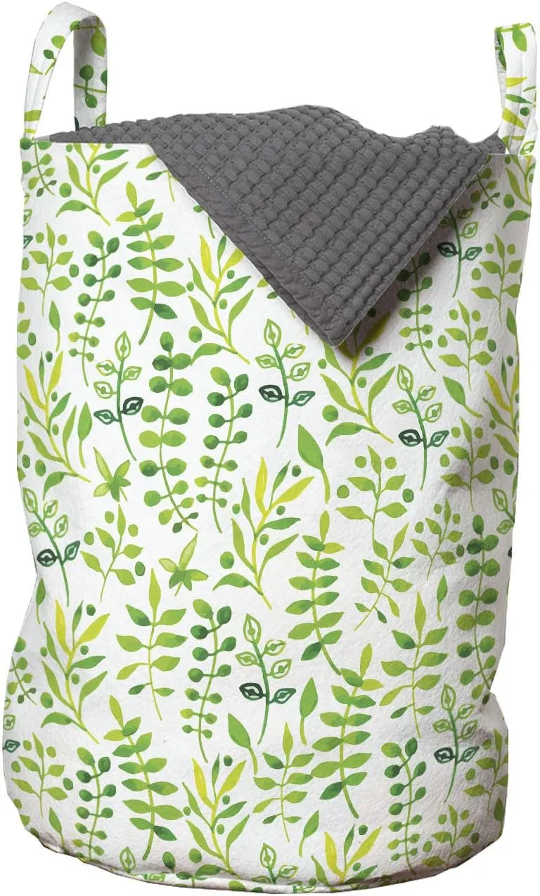Ambesonne Green and White Laundry Bag, Watercolor Style Leaves Plants Ecology Environment Theme, Hamper Basket with Handles Drawstring Closure for Laundromats, 13" x 19", Yellow Green Lime Green