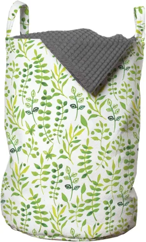 Ambesonne Green and White Laundry Bag, Watercolor Style Leaves Plants Ecology Environment Theme, Hamper Basket with Handles Drawstring Closure for Laundromats, 13" x 19", Yellow Green Lime Green