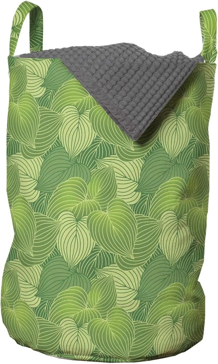 Ambesonne Green Laundry Bag, Abstract Hosta Plants Forest Growth Leaves Ecology Jungle Theme, Hamper Basket with Handles Drawstring Closure for Laundromats, 13" x 19", Fern Lime and Pale Green