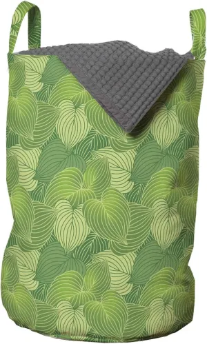 Ambesonne Green Laundry Bag, Abstract Hosta Plants Forest Growth Leaves Ecology Jungle Theme, Hamper Basket with Handles Drawstring Closure for Laundromats, 13" x 19", Fern Lime and Pale Green