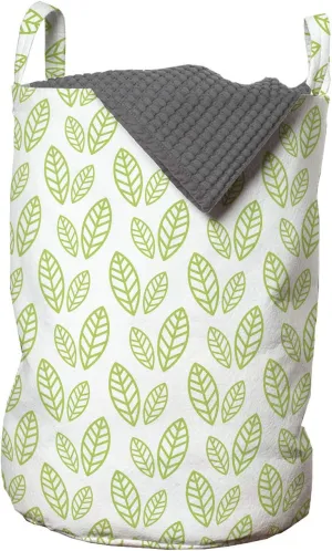 Ambesonne Green Leaf Laundry Bag, Simple Botanical Pattern with Abstract Leaves Ecology Environment Theme, Hamper Basket with Handles Drawstring Closure for Laundromats, 13" x 19", Apple Green White