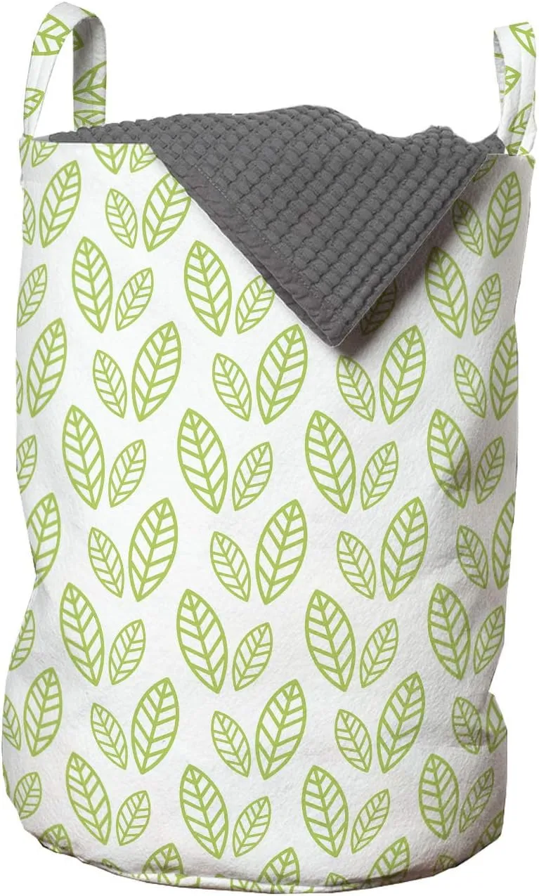 Ambesonne Green Leaf Laundry Bag, Simple Botanical Pattern with Abstract Leaves Ecology Environment Theme, Hamper Basket with Handles Drawstring Closure for Laundromats, 13" x 19", Apple Green White