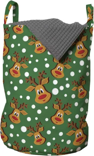 Ambesonne Green Xmas Laundry Bag, Ornamental Cartoon Winter Deer Heads Pattern and Snowflake Dots, Hamper Basket with Handles Drawstring Closure for Laundromats, 13" x 19", Vermilion Amber and White