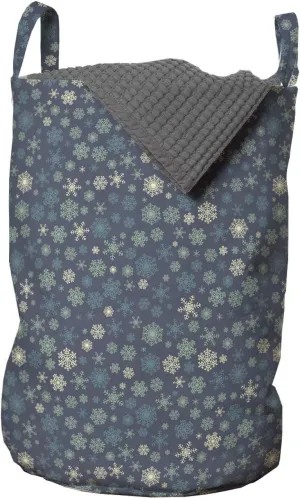 Ambesonne Green Xmas Laundry Bag, Ornamental Wintery Numerous Continuous Little Snowflakes Composition, Hamper Basket with Handles Drawstring Closure for Laundromats, 13" x 19", Purpleblue Multicolor