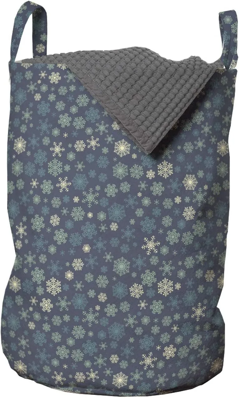 Ambesonne Green Xmas Laundry Bag, Ornamental Wintery Numerous Continuous Little Snowflakes Composition, Hamper Basket with Handles Drawstring Closure for Laundromats, 13" x 19", Purpleblue Multicolor