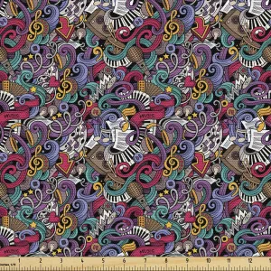 Ambesonne Hipster Fabric by The Yard, Music Themed Hand Drawn Abstract Instruments Microphone Drums Keyboard Stradivarius, Decorative Fabric for Upholstery and Home Accents, 1 Yard, Coral Purple