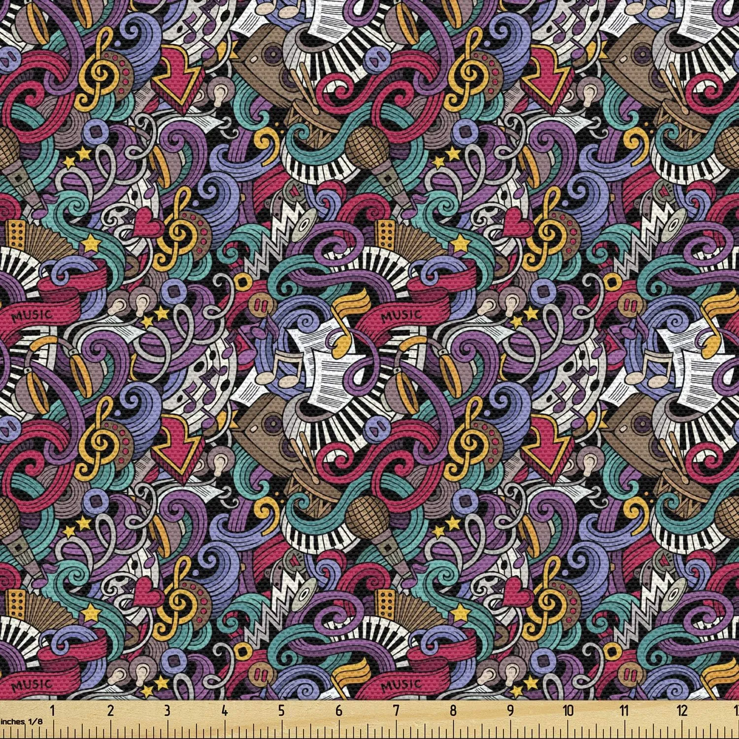 Ambesonne Hipster Fabric by The Yard, Music Themed Hand Drawn Abstract Instruments Microphone Drums Keyboard Stradivarius, Decorative Fabric for Upholstery and Home Accents, 1 Yard, Coral Purple