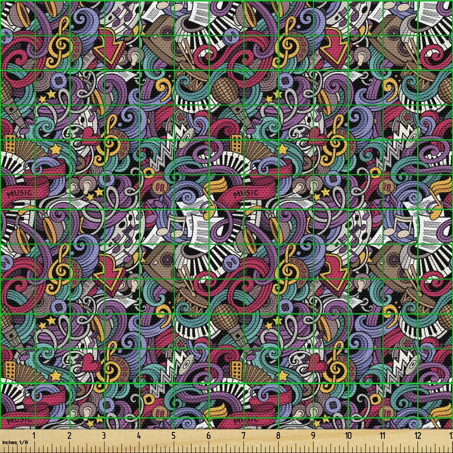 Ambesonne Hipster Fabric by The Yard, Music Themed Hand Drawn Abstract Instruments Microphone Drums Keyboard Stradivarius, Decorative Fabric for Upholstery and Home Accents, 1 Yard, Coral Purple