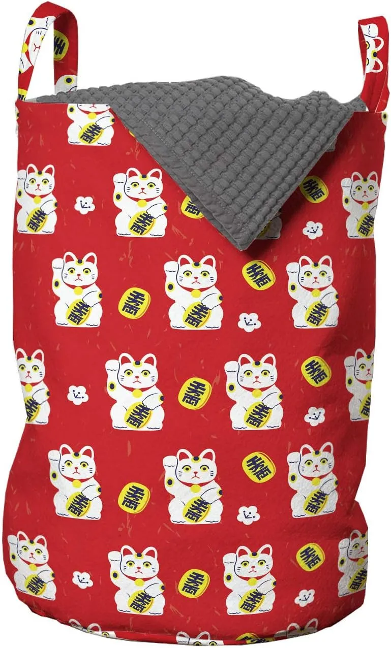 Ambesonne Japanese Cat Laundry Bag, Prosperity Maneki Neko with Lucky Coins Cat Doodles, Hamper Basket with Handles Drawstring Closure for Laundromats, 13" x 19", Vermilion White
