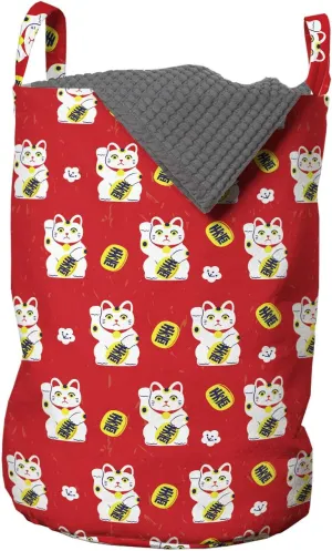 Ambesonne Japanese Cat Laundry Bag, Prosperity Maneki Neko with Lucky Coins Cat Doodles, Hamper Basket with Handles Drawstring Closure for Laundromats, 13" x 19", Vermilion White