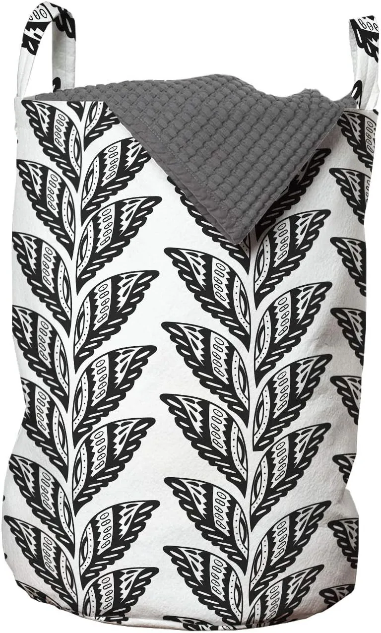 Ambesonne Leaves Laundry Bag, Ornamental Style Ethnic Textured Leafage Motifs Floral Blossom of Season Design, Hamper Basket with Handles Drawstring Closure for Laundromats, 13" x 19", Black and White