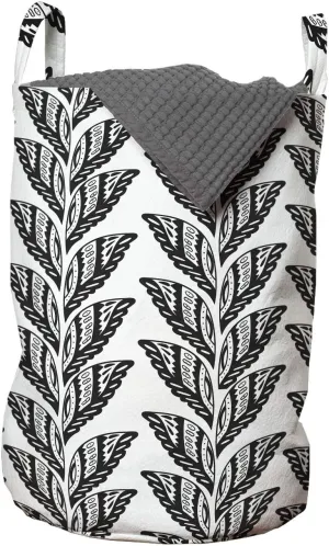 Ambesonne Leaves Laundry Bag, Ornamental Style Ethnic Textured Leafage Motifs Floral Blossom of Season Design, Hamper Basket with Handles Drawstring Closure for Laundromats, 13" x 19", Black and White
