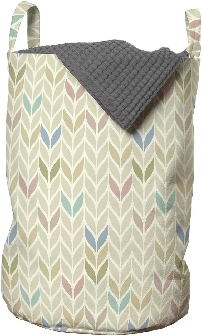 Ambesonne Leaves Laundry Bag, Symmetrical Layout of Fall Foliage Ornaments Illustration Pattern, Hamper Basket with Handles Drawstring Closure for Laundromats, 13" x 19", Ivory Multicolor