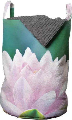 Ambesonne Lotus Laundry Bag, Eastern Philosophy Completeness Symbolism Find Your Core Flower Artwork, Hamper Basket with Handle Drawstring Closure for Laundromats, 13" x 19", Pale Pink and Emerald