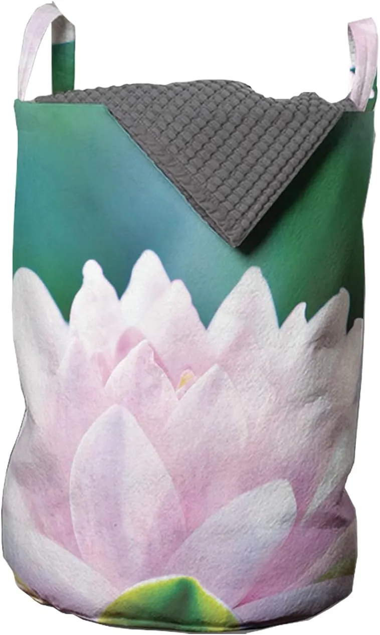 Ambesonne Lotus Laundry Bag, Eastern Philosophy Completeness Symbolism Find Your Core Flower Artwork, Hamper Basket with Handle Drawstring Closure for Laundromats, 13" x 19", Pale Pink and Emerald