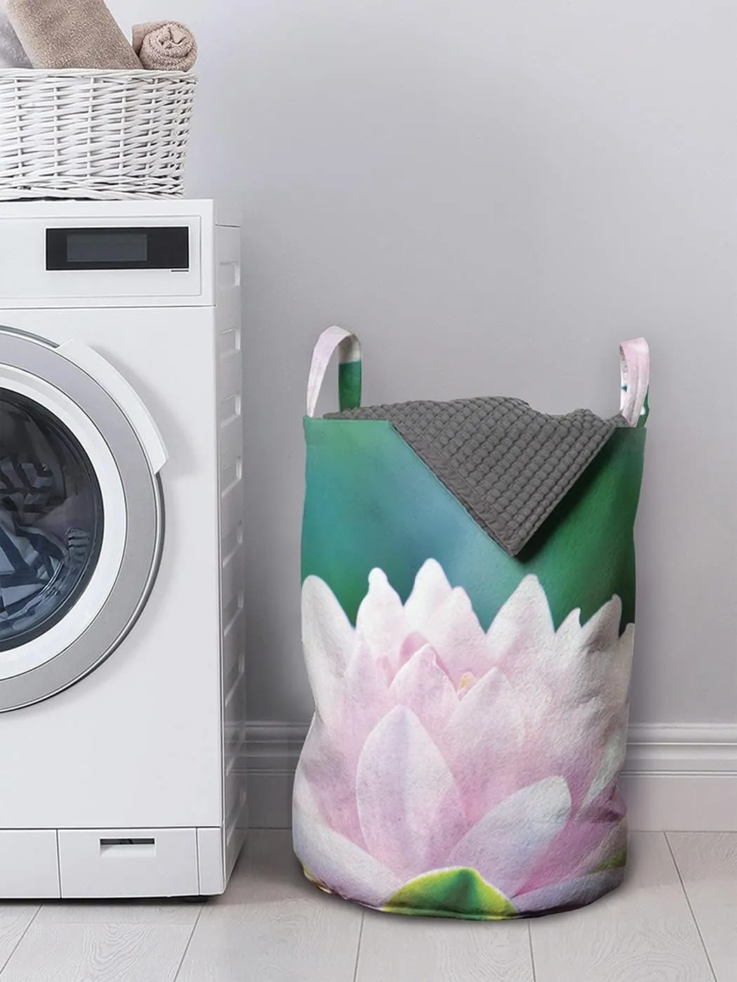 Ambesonne Lotus Laundry Bag, Eastern Philosophy Completeness Symbolism Find Your Core Flower Artwork, Hamper Basket with Handle Drawstring Closure for Laundromats, 13" x 19", Pale Pink and Emerald