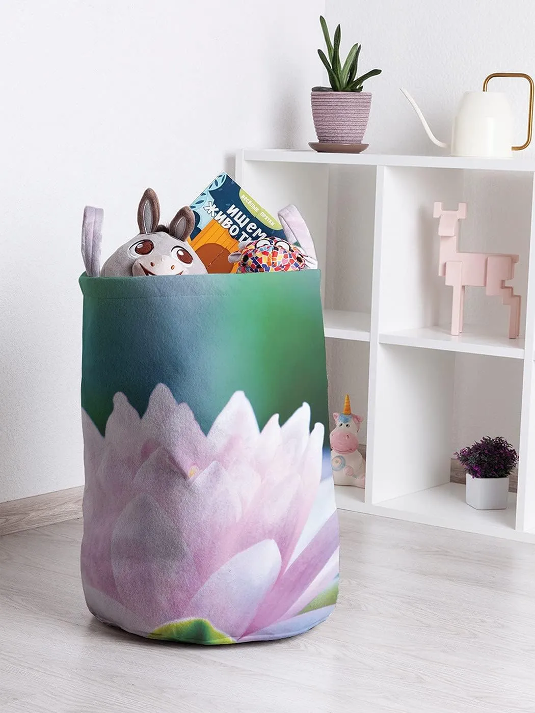 Ambesonne Lotus Laundry Bag, Eastern Philosophy Completeness Symbolism Find Your Core Flower Artwork, Hamper Basket with Handle Drawstring Closure for Laundromats, 13" x 19", Pale Pink and Emerald