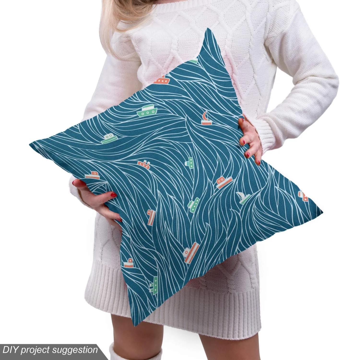 Ambesonne Maritime Fabric by The Yard Water Resistant Waves Ships Cartoon Sailor Sailboat Vacations Travel Pattern Indoor & Outdoor DIY Projects Sewing Nautical Decorations for Home 1 Yard Petrol Blue