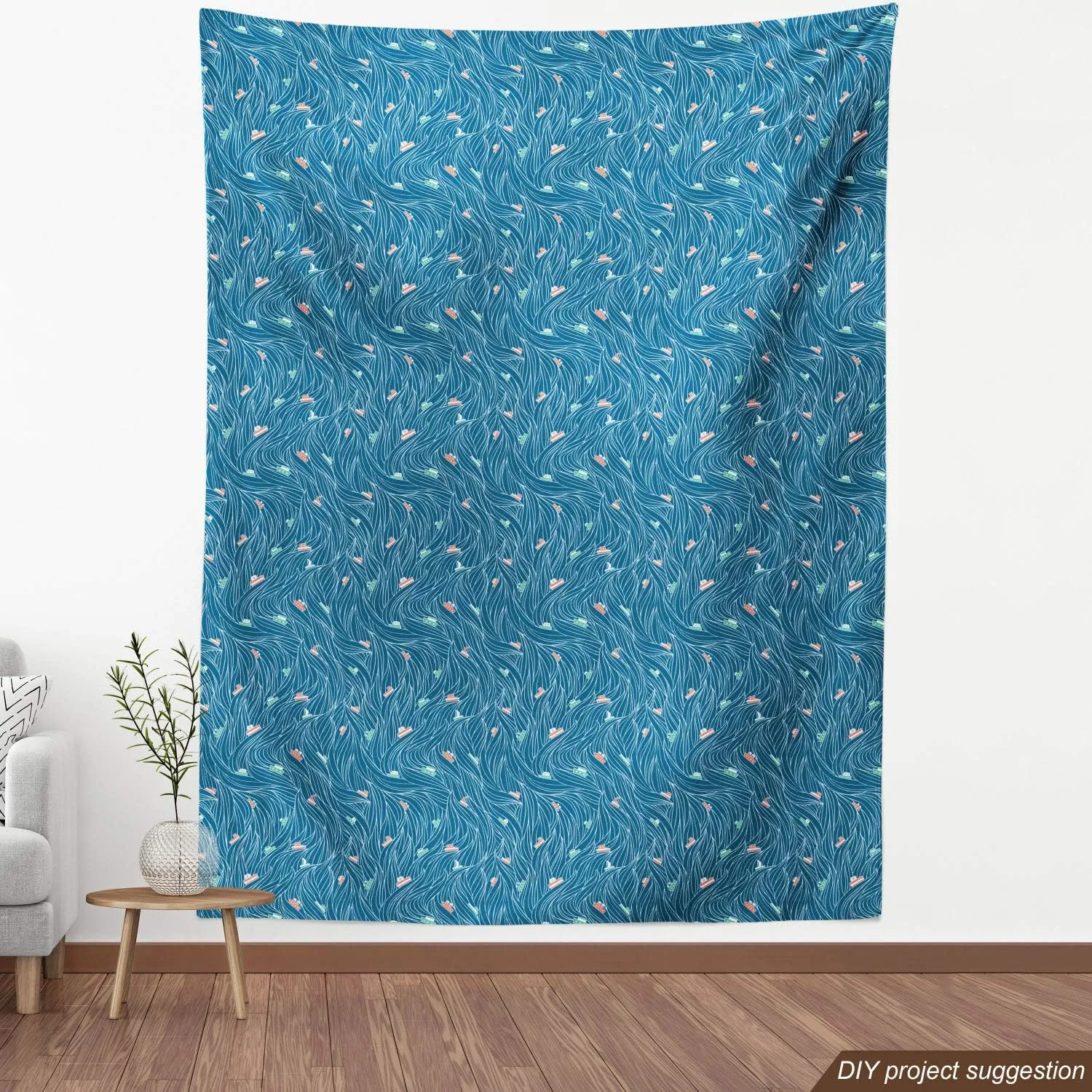 Ambesonne Maritime Fabric by The Yard Water Resistant Waves Ships Cartoon Sailor Sailboat Vacations Travel Pattern Indoor & Outdoor DIY Projects Sewing Nautical Decorations for Home 1 Yard Petrol Blue