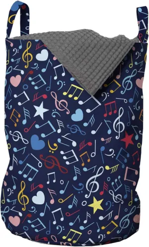Ambesonne Music Laundry Bag, Hearts Notes Stars Melodic Inspiration Musical Lifestyle Rhythm in My Heart Design, Hamper Basket with Handles Drawstring Closure for Laundromats, 13" x 19", Multicolor