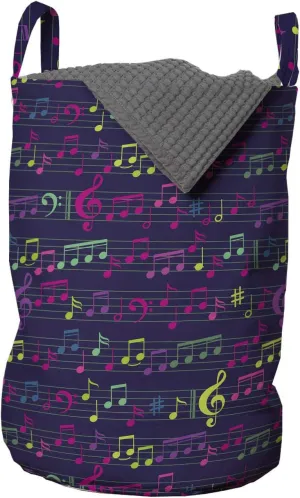 Ambesonne Music Laundry Bag, Rhythmic Treble Chef and Musical Notes on Lead Sheet Crotchet Art Senses, Hamper Basket with Handles Drawstring Closure for Laundromats, 13" x 19", Quartz and Multicolor