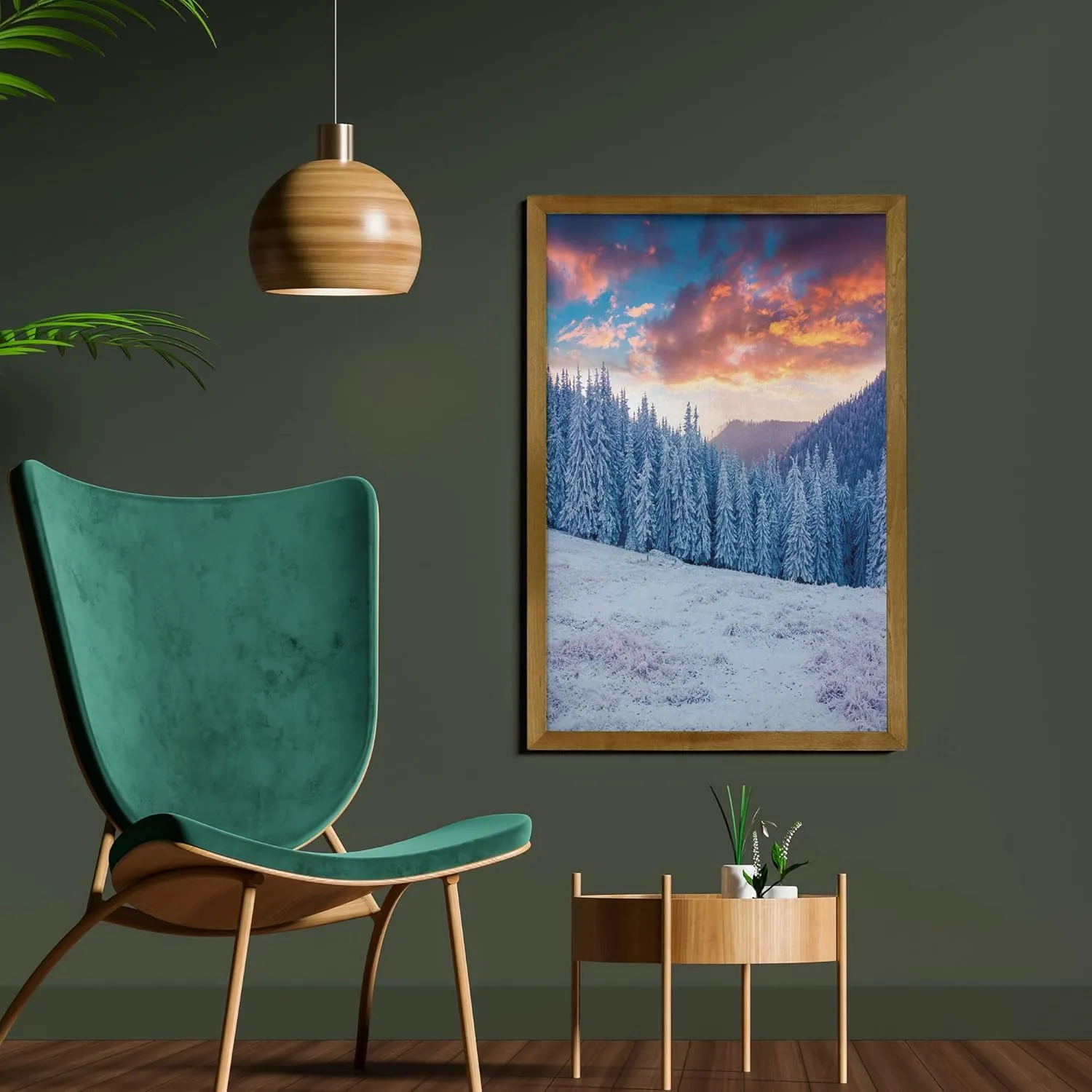 Ambesonne Nature Framed Wall Art, Winter Snowy Mountain Valley with Pines Sunset Sky Idyllic Landscape, Fabric Poster with Walnut Tone Wood Frame Home Dorm Decor, 23" x 35", Sky Blue Salmon