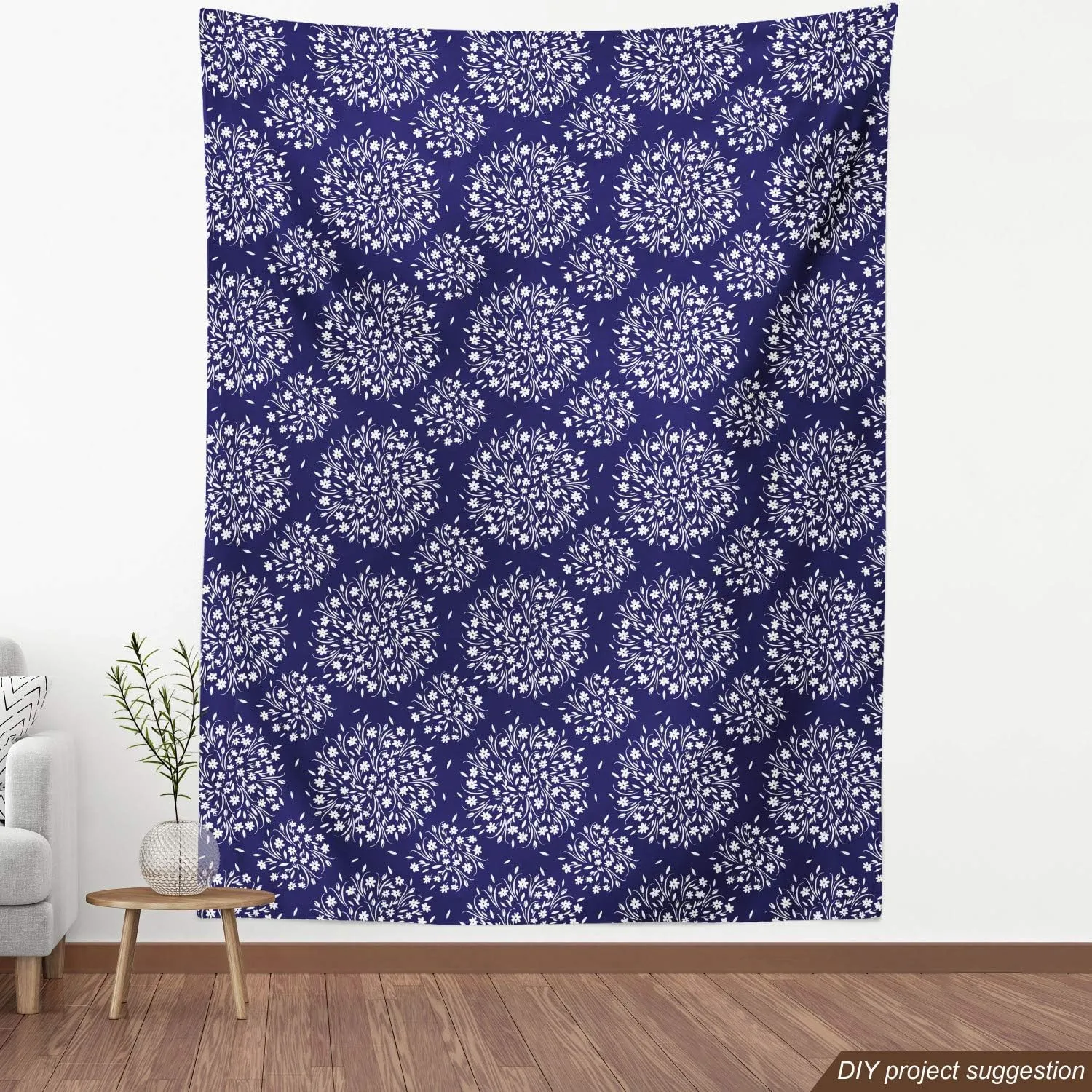 Ambesonne Navy and White Fabric by The Yard Scroll Pattern with Little Rural Wildflowers Buds Feminine Corsage Decorative Material for Outdoor and Indoor Projects DIY Hobby Sewing 1 Yard Indigo White
