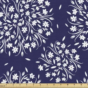 Ambesonne Navy and White Fabric by The Yard Scroll Pattern with Little Rural Wildflowers Buds Feminine Corsage Decorative Material for Outdoor and Indoor Projects DIY Hobby Sewing 1 Yard Indigo White