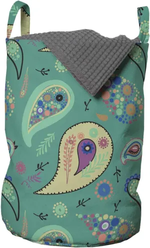Ambesonne Paisley Laundry Bag, Rhythmic Abstract Motifs Warm Tones Traditional Asian Illustration, Hamper Basket with Handles Drawstring Closure for Laundromats, 13" x 19", Dark Seafoam and Multicolor