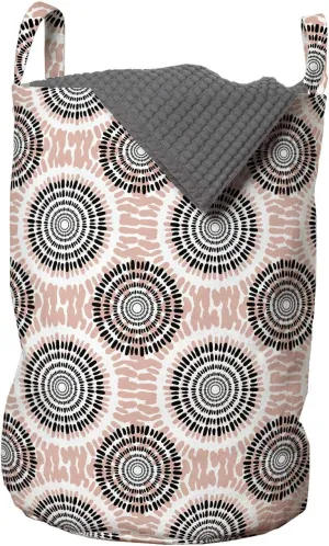 Ambesonne Peach Laundry Bag, Symmetrical Circular Shapes Pattern Abstract Background Soft Color Image Print, Hamper Basket with Handles Drawstring Closure for Laundromats, 13" x 19", Coral Black White