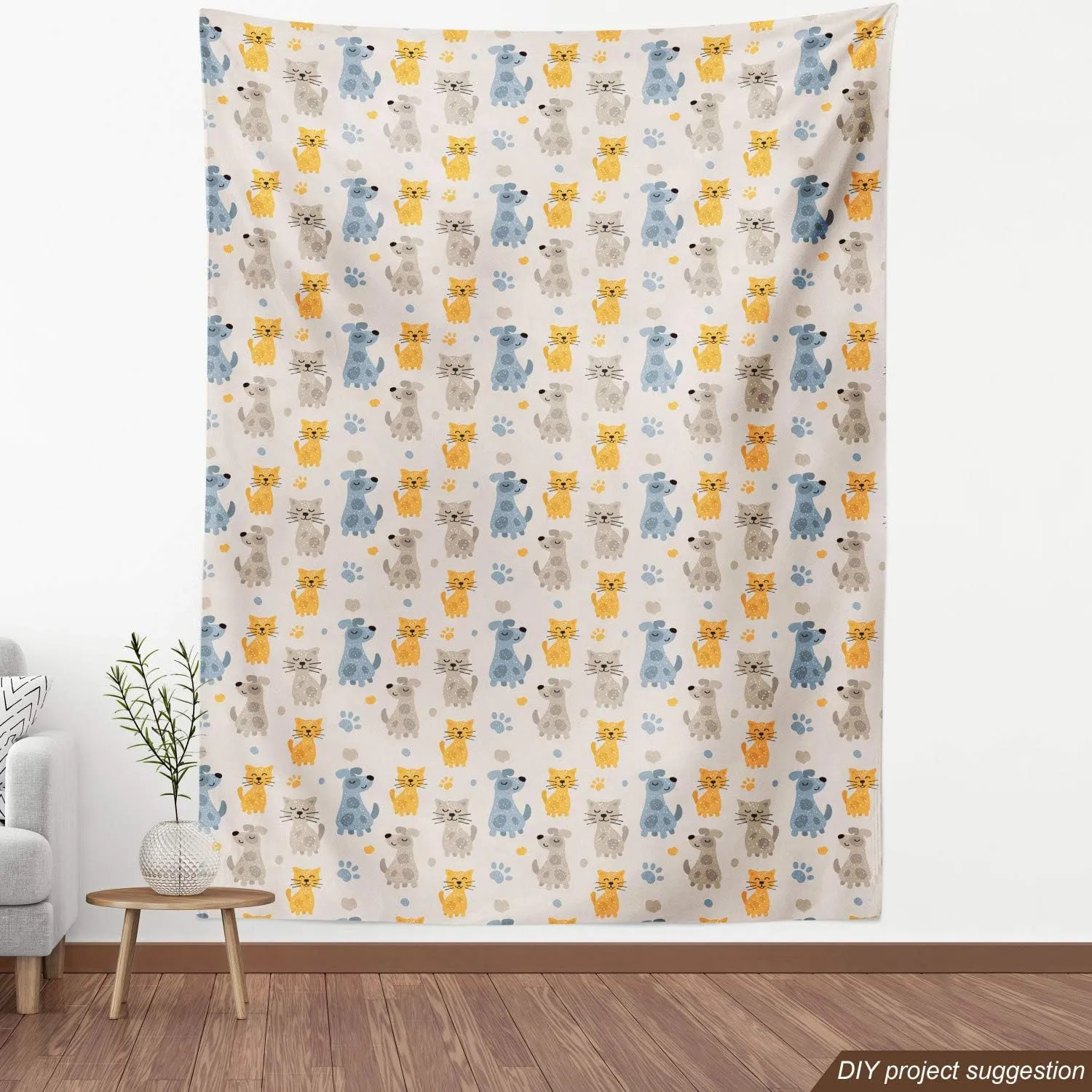 Ambesonne Pets Fabric by The Yard, Kittens Pattern Friends Dogs Puppy Paws, Decorative Fabric for Upholstery and Home Accents, 1 Yard, Eggshell Mustard