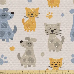 Ambesonne Pets Fabric by The Yard, Kittens Pattern Friends Dogs Puppy Paws, Decorative Fabric for Upholstery and Home Accents, 1 Yard, Eggshell Mustard