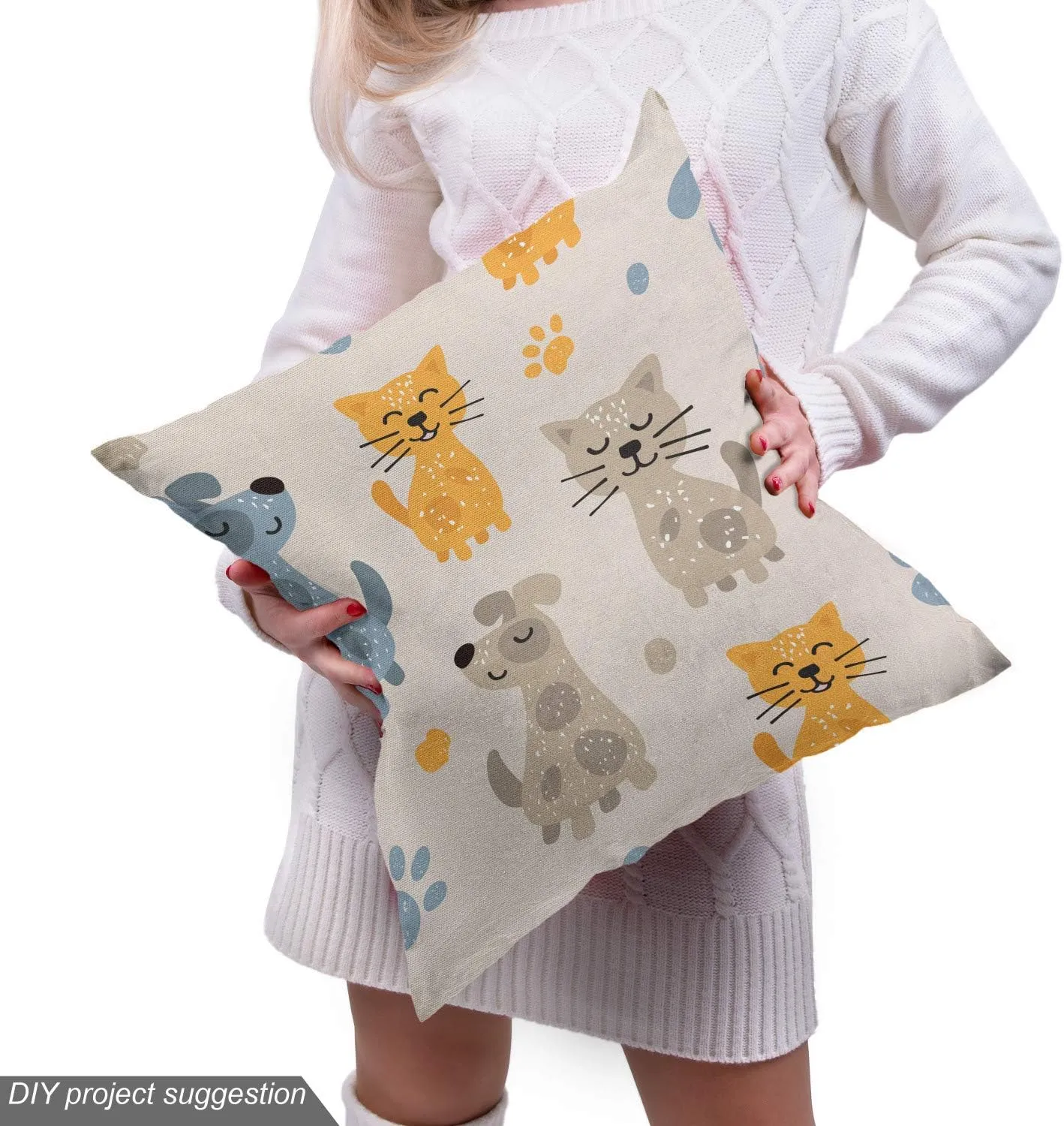 Ambesonne Pets Fabric by The Yard, Kittens Pattern Friends Dogs Puppy Paws, Decorative Fabric for Upholstery and Home Accents, 1 Yard, Eggshell Mustard