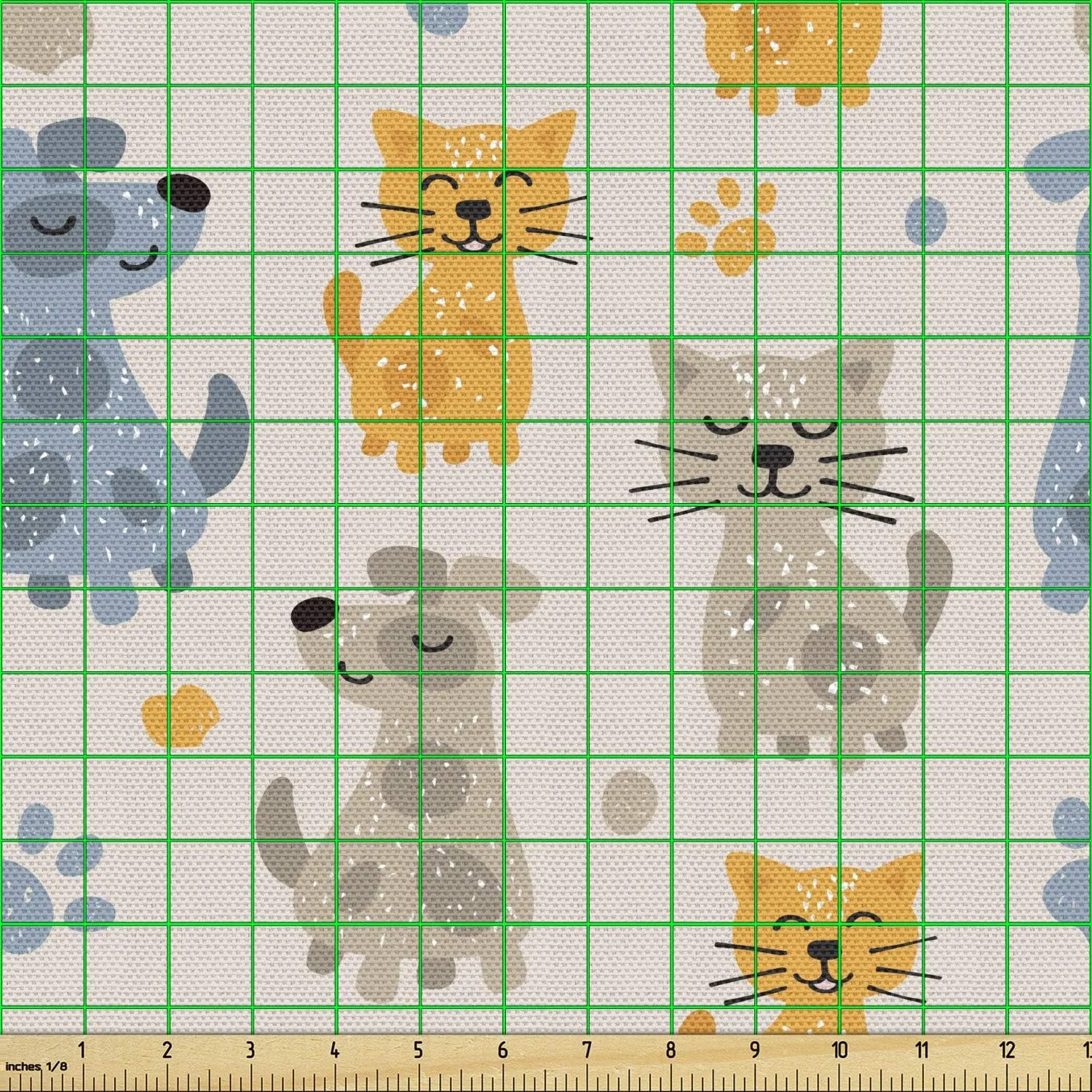 Ambesonne Pets Fabric by The Yard, Kittens Pattern Friends Dogs Puppy Paws, Decorative Fabric for Upholstery and Home Accents, 1 Yard, Eggshell Mustard