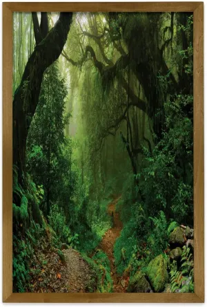 Ambesonne Rainforest Framed Wall Art, Forest in Nepal Touristic Trekking Branches Misty Road Fresh Air Outdoors Theme, Fabric Poster with Walnut Tone Wood Frame Home Dorm Decor, 23" x 35", Green Brown