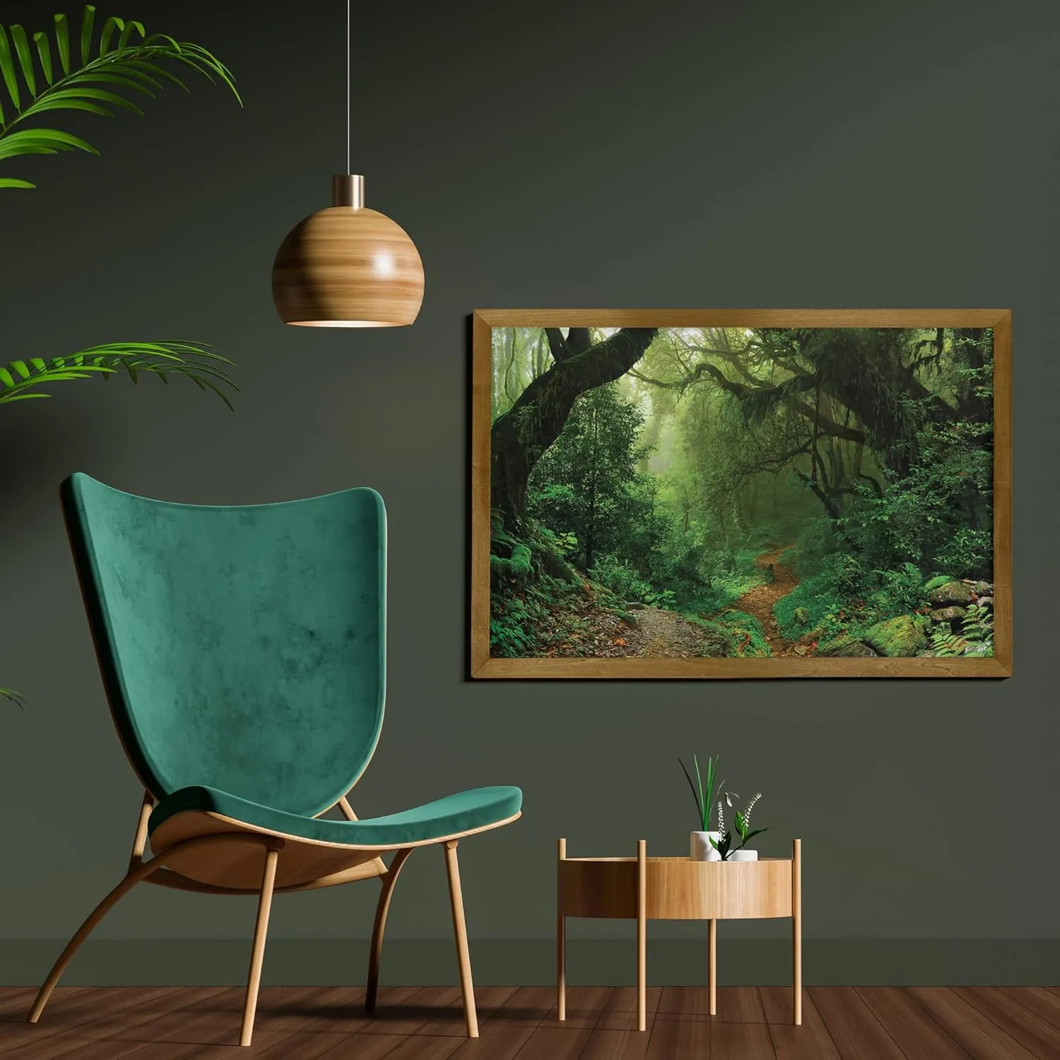 Ambesonne Rainforest Framed Wall Art, Forest in Nepal Touristic Trekking Branches Misty Road Fresh Air Outdoors Theme, Fabric Poster with Walnut Tone Wood Frame Home Dorm Decor, 23" x 35", Green Brown