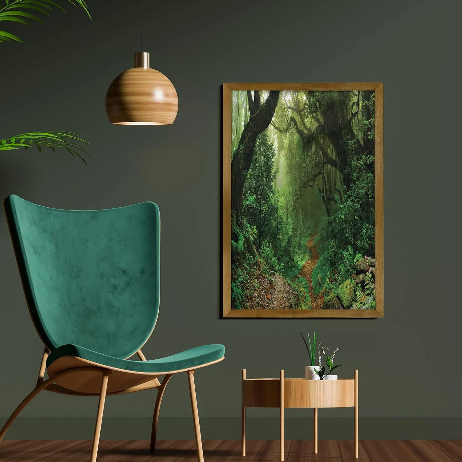 Ambesonne Rainforest Framed Wall Art, Forest in Nepal Touristic Trekking Branches Misty Road Fresh Air Outdoors Theme, Fabric Poster with Walnut Tone Wood Frame Home Dorm Decor, 23" x 35", Green Brown