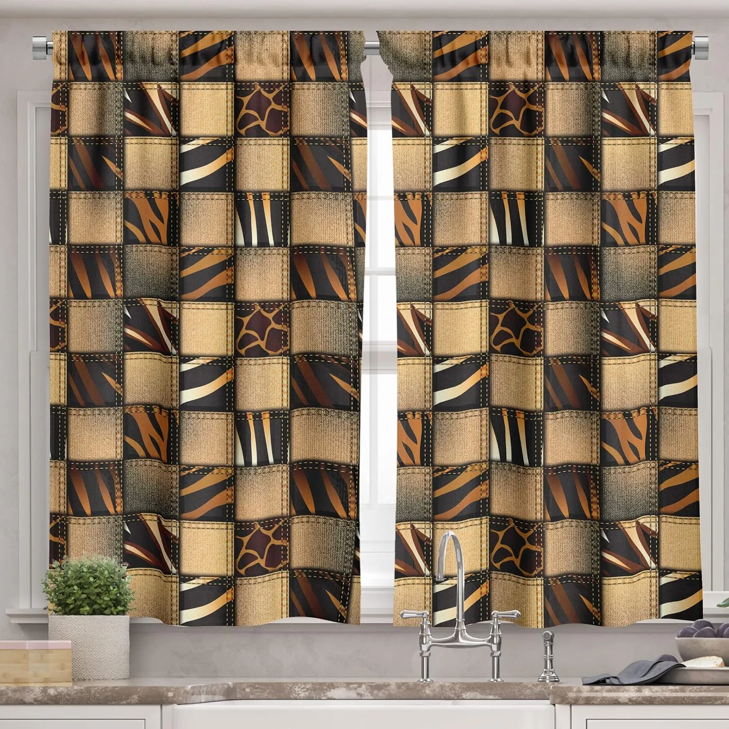 Ambesonne Savannah Valance & Tier Curtain 3 pcs Set, Earthy Jeans Denim Inspired Patchwork in Giraffe and Zebra Design Art Print, Window Treatments for Room Kitchen Decor, 55" x 24", Black and Brown