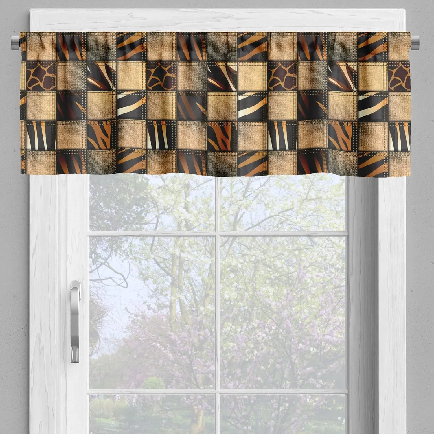 Ambesonne Savannah Valance & Tier Curtain 3 pcs Set, Earthy Jeans Denim Inspired Patchwork in Giraffe and Zebra Design Art Print, Window Treatments for Room Kitchen Decor, 55" x 24", Black and Brown