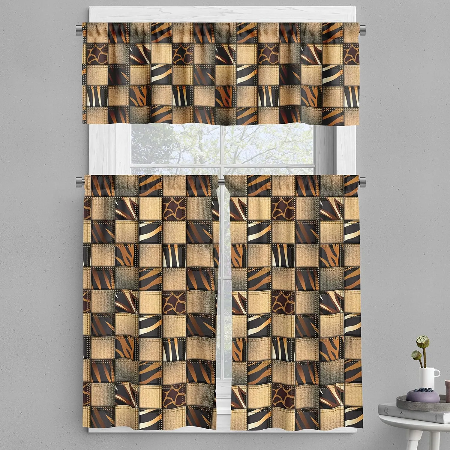 Ambesonne Savannah Valance & Tier Curtain 3 pcs Set, Earthy Jeans Denim Inspired Patchwork in Giraffe and Zebra Design Art Print, Window Treatments for Room Kitchen Decor, 55" x 24", Black and Brown