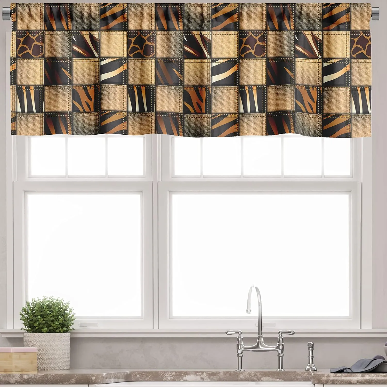 Ambesonne Savannah Valance & Tier Curtain 3 pcs Set, Earthy Jeans Denim Inspired Patchwork in Giraffe and Zebra Design Art Print, Window Treatments for Room Kitchen Decor, 55" x 24", Black and Brown