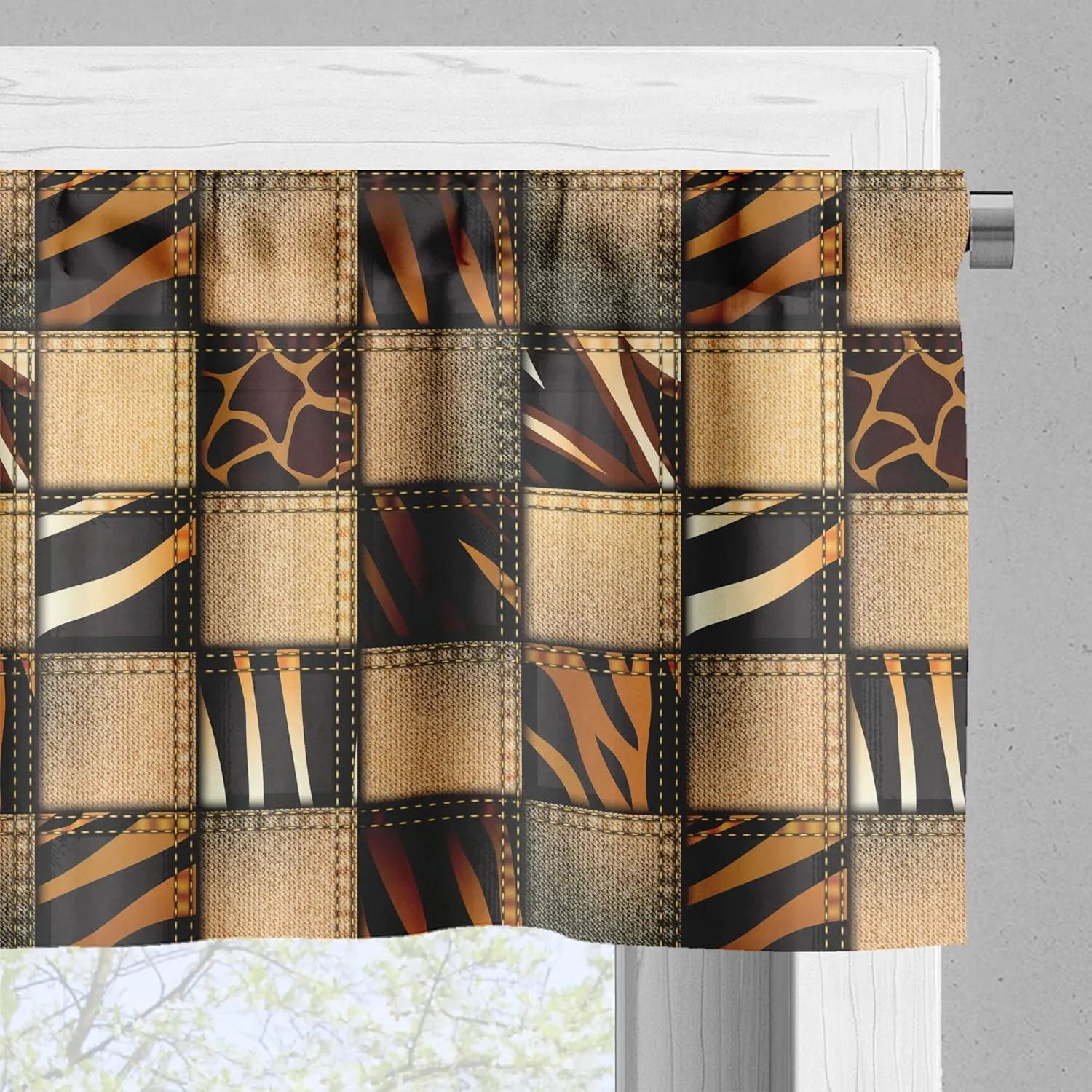 Ambesonne Savannah Valance & Tier Curtain 3 pcs Set, Earthy Jeans Denim Inspired Patchwork in Giraffe and Zebra Design Art Print, Window Treatments for Room Kitchen Decor, 55" x 24", Black and Brown