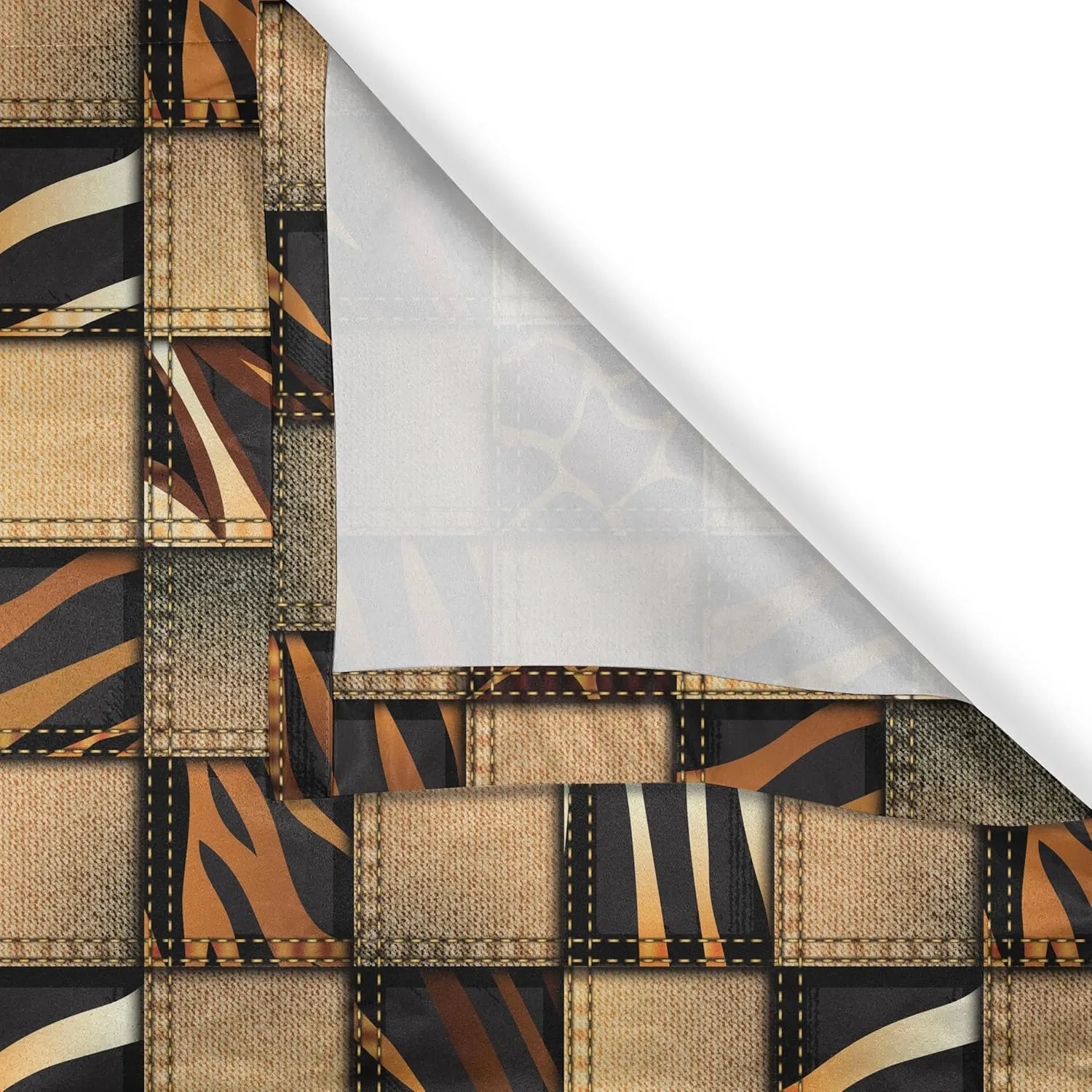 Ambesonne Savannah Valance & Tier Curtain 3 pcs Set, Earthy Jeans Denim Inspired Patchwork in Giraffe and Zebra Design Art Print, Window Treatments for Room Kitchen Decor, 55" x 24", Black and Brown