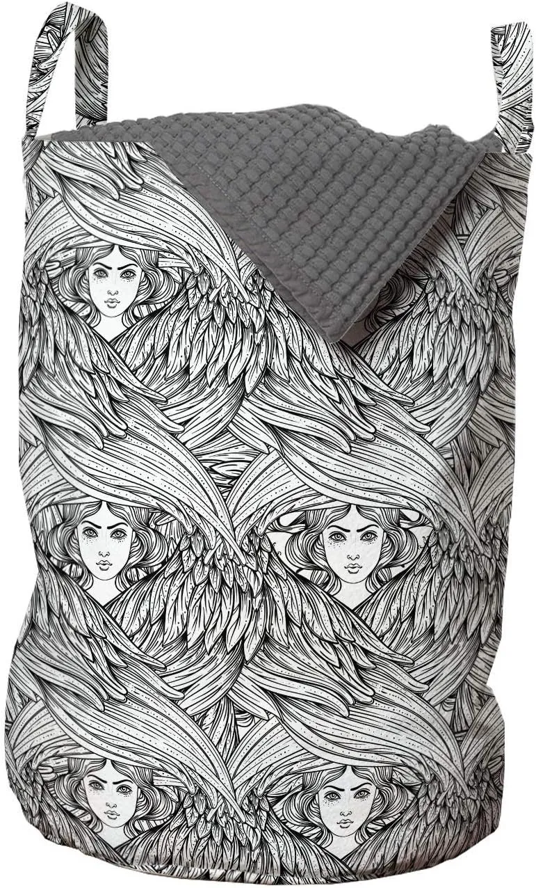 Ambesonne Sketch Laundry Bag, Hand Drawn Woman Heads Images Surrounding Hair in Monochrome Style, Hamper Basket with Handles Drawstring Closure for Laundromats, 13" x 19", Charcoal Grey and White