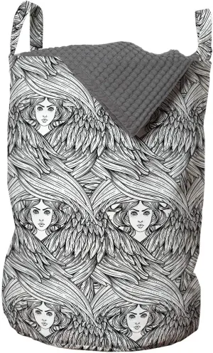 Ambesonne Sketch Laundry Bag, Hand Drawn Woman Heads Images Surrounding Hair in Monochrome Style, Hamper Basket with Handles Drawstring Closure for Laundromats, 13" x 19", Charcoal Grey and White