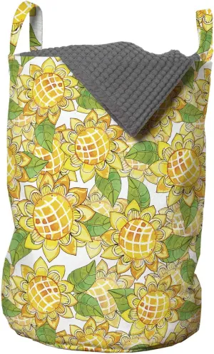 Ambesonne Sunflowers Laundry Bag, Rhythmic Watercolor Look Helianthus Green Leaves, Hamper Basket with Handles Drawstring Closure for Laundromats, 13" x 19", Earth Yellow Multicolor