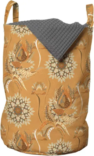 Ambesonne Tan and Brown Laundry Bag, Ornamental Ottoman Garden Pattern with Tulips and Blossoming Flowers, Hamper Basket with Handles Drawstring Closure for Laundromats, 13" x 19", Orange Tan Brown